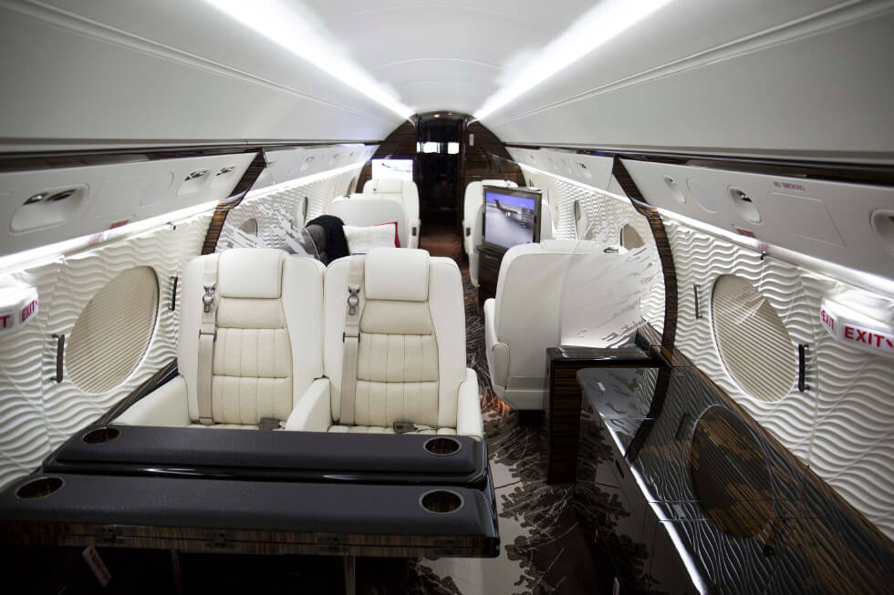 Aft view of the "Cosmos" themed interior refurbishment done by Constant Aviation on a Gulfstream V cabin.